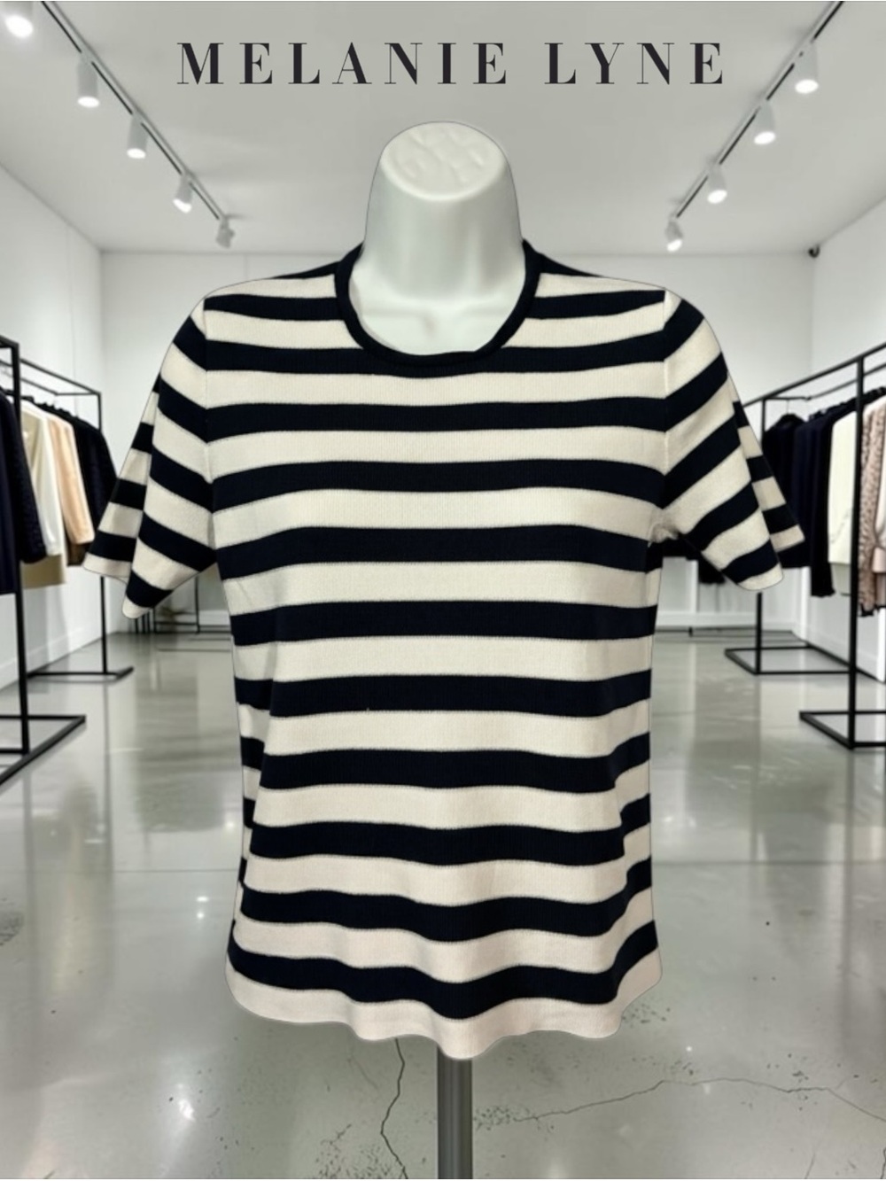 NEW, MELANIE LYNE Striped Knit Top Small Navy White Silver Short Sleeve Stretch